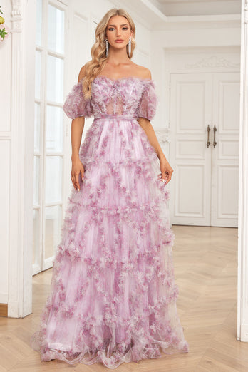 Charmantes Schulterfreies Lila Langes Abschlussballkleid mit Blumen