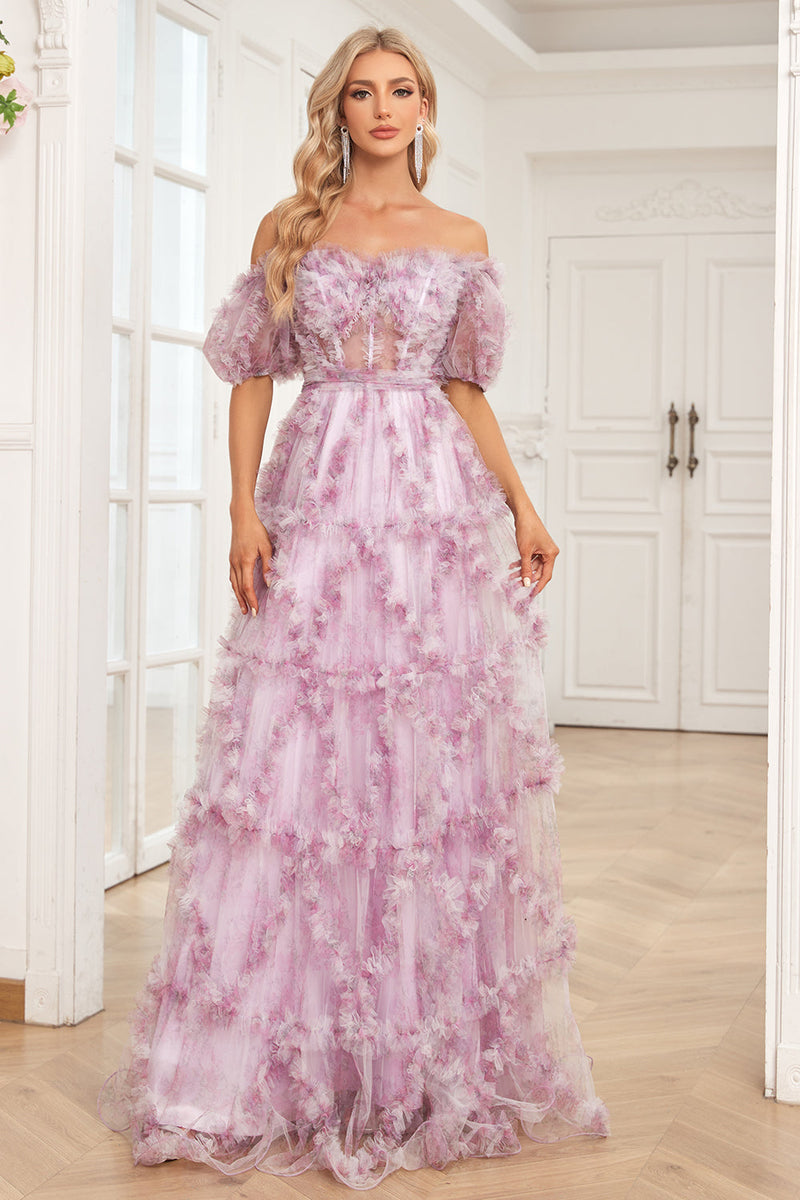 Laden Sie das Bild in den Galerie-Viewer, Charmantes Schulterfreies Lila Langes Abschlussballkleid mit Blumen