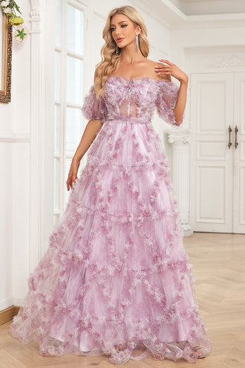 Charmantes Schulterfreies Lila Langes Abschlussballkleid mit Blumen